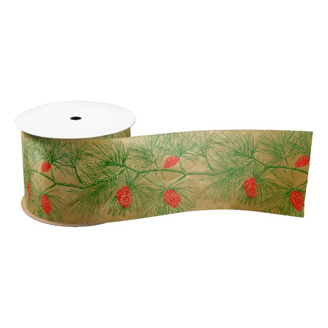 Rustic Pine Green Red Pinecone Holiday Pattern Satin Ribbon (Spool)