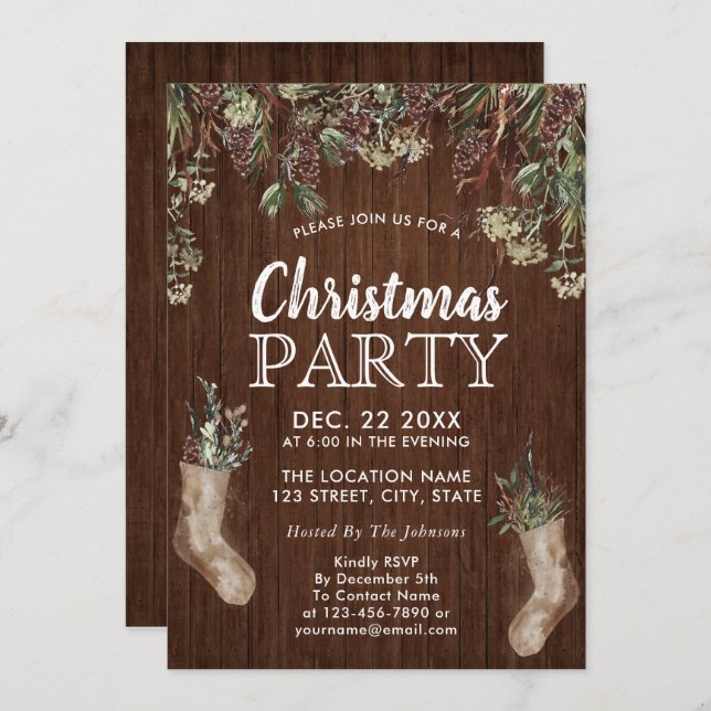 Rustic Pine Greenery Watercolor Christmas Party Invitation (Front/Back)