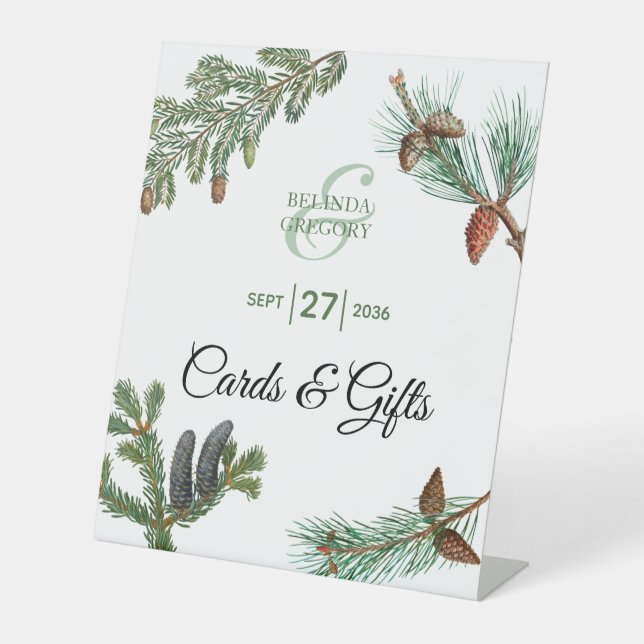 Rustic Pine Greenery Wedding Cards & Gifts Pedestal Sign (Front)