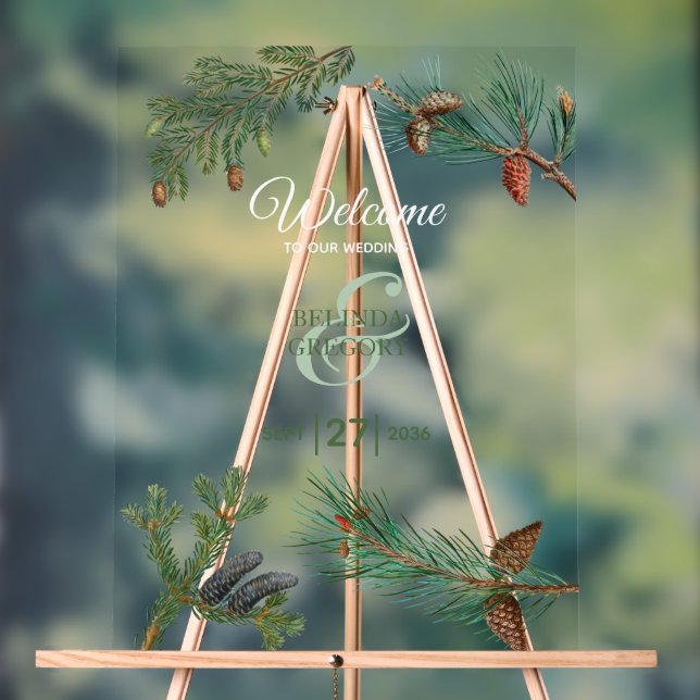 Rustic Pine Greenery Wedding Welcome Sign (Neutral)