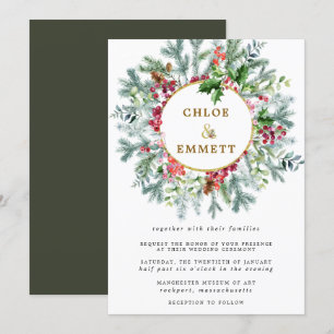 Rustic Pine, Holly and Berry Wreath Wedding Invitation