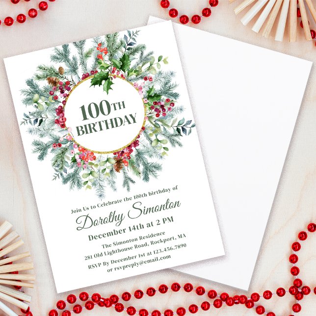 Rustic Pine Holly Berry Wreath 100th Birthday Invitation (Creator Uploaded)