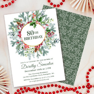 Rustic Pine Holly Berry Wreath 80th Birthday Invitation