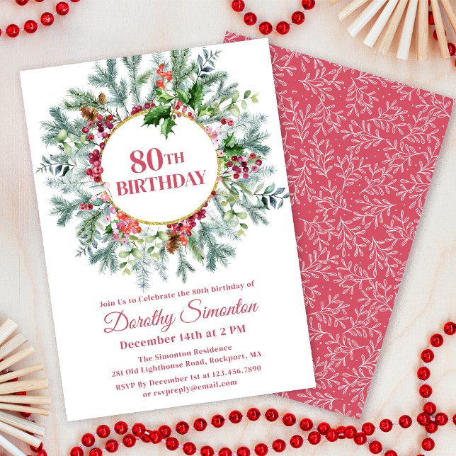 Rustic Pine Holly Berry Wreath 80th Birthday Invitation (Need matching party supplies? Welcom signs, napkins, balloons. Something else? Message me!)