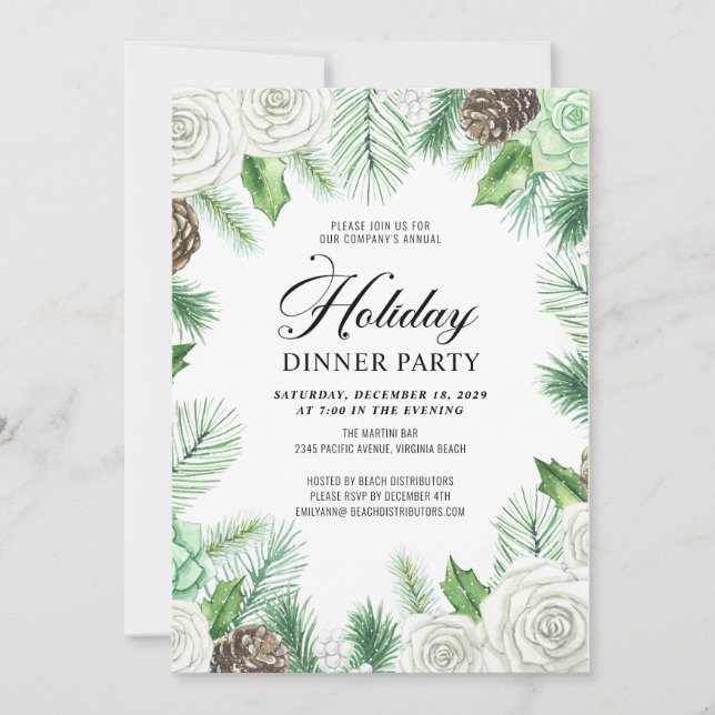 Rustic Pine Holly Corporate Holiday Dinner Party  Invitation (Front)