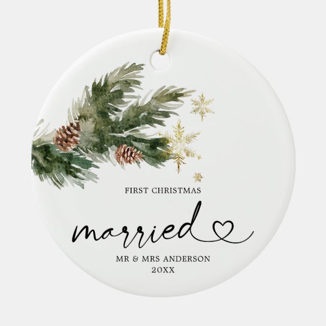 Rustic Pine Leaf First Christmas Married Ornament (Front)