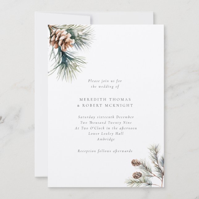 Rustic Pine Leaves & Pine Cones Winter Wedding Invitation (Front)