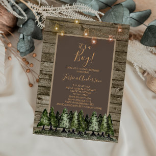 Rustic Pine Mason Jar String Light Baby Shower Invitation
