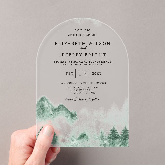 Rustic Pine Mountains Wedding Acrylic Invitations (Insitu (Handheld))