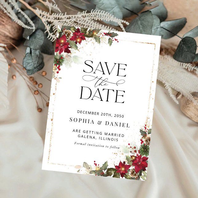 Rustic Pine Poinsettia Floral Christmas Save The Date (Creator Uploaded)