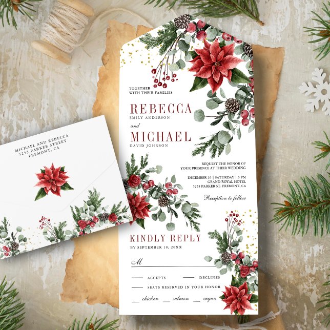 Rustic Pine Poinsettia Floral Christmas Wedding All In One Invitation (Creator Uploaded)