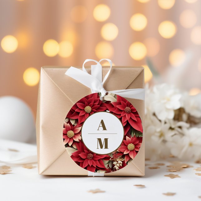 Rustic Pine Poinsettia Floral Christmas Wedding Classic Round Sticker (Creator Uploaded)