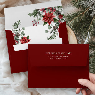 Rustic Pine Poinsettia Floral Christmas Wedding Envelope