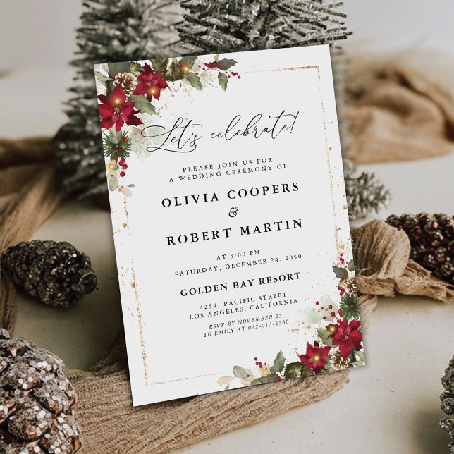 Rustic Pine Poinsettia Floral Christmas Wedding Invitation (Creator Uploaded)