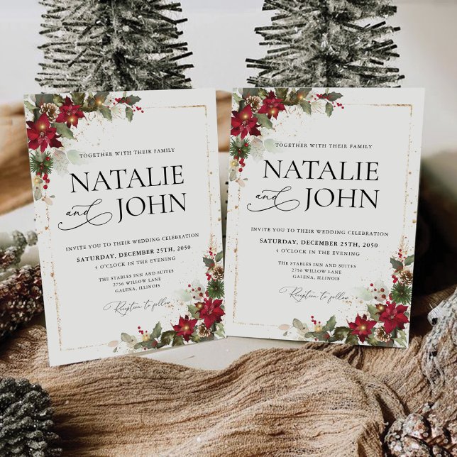 Rustic Pine Poinsettia Floral Christmas Wedding Invitation (Creator Uploaded)