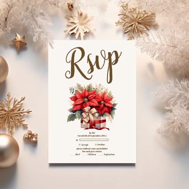 Rustic Pine Poinsettia Floral Christmas Wedding RSVP Card (Creator Uploaded)