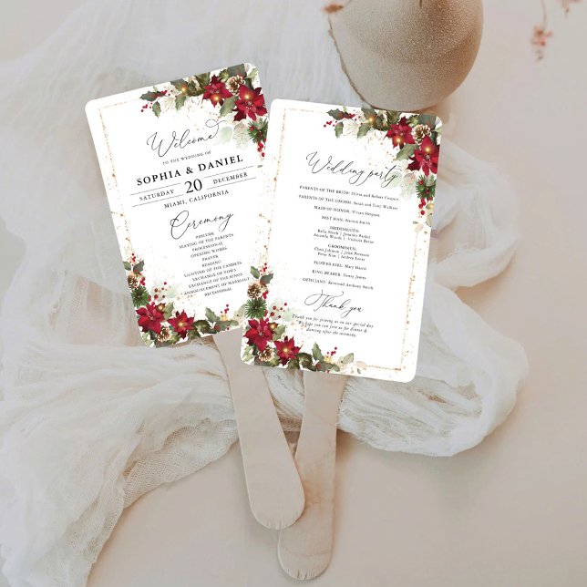 Rustic Pine Poinsettia Floral Wedding Program Hand Fan (Creator Uploaded)