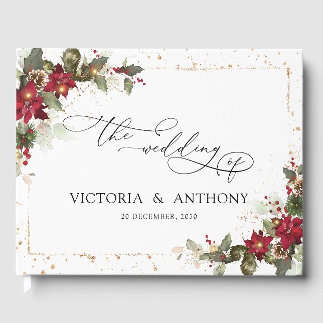 Rustic Pine Poinsettia Wedding Guest Book (Front)