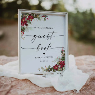 Rustic Pine Poinsettia Wedding Guest Book Sign
