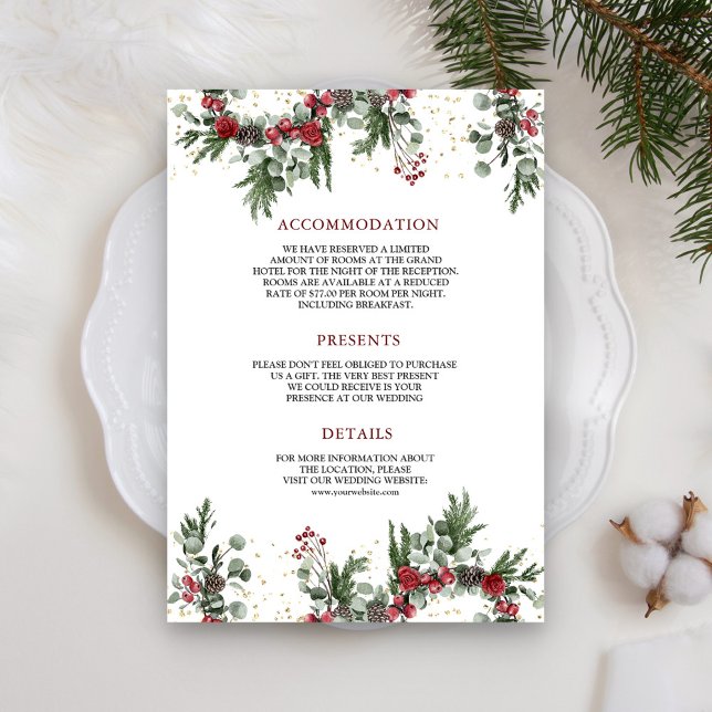 Rustic Pine Red Floral Christmas Wedding Details Enclosure Card (Creator Uploaded)