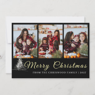 Rustic Pine Sketch Family Photo Collage Christmas  Holiday Card