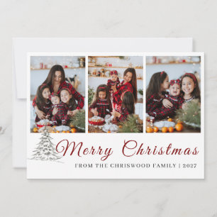 Rustic Pine Sketch Family Photo Collage Christmas Holiday Card