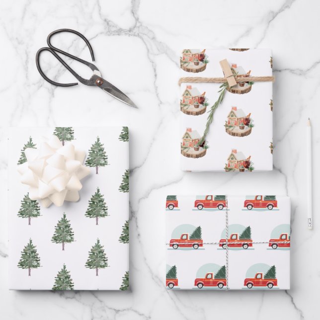 Rustic pine tree Christmas truck wrapping paper (Front)