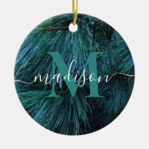 Rustic pine tree conifer evergreen monogram ceramic tree decoration