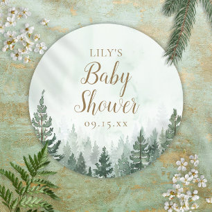Rustic Pine Tree Forest Baby Shower Classic Round Sticker