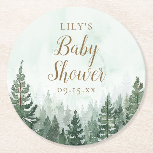 Rustic Pine Tree Forest Baby Shower Round Paper Coaster