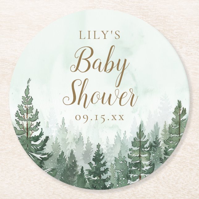 Rustic Pine Tree Forest Baby Shower Round Paper Coaster (Front)