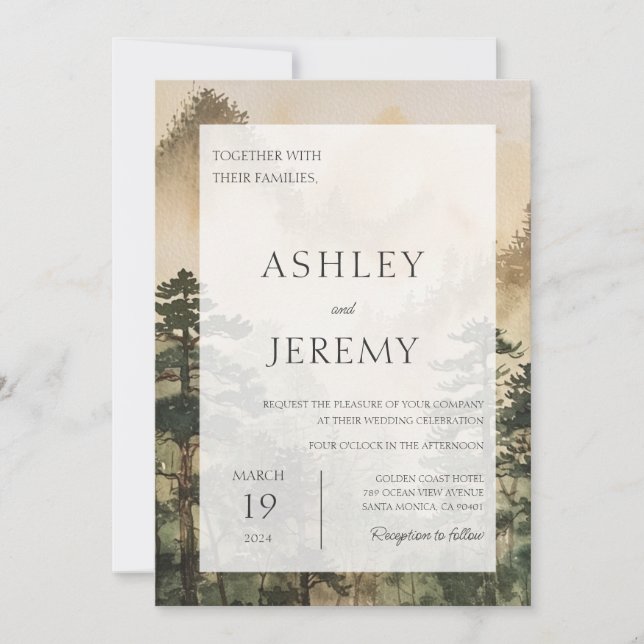 Rustic Pine Tree Forest Mountain Wedding  Invitation (Front)