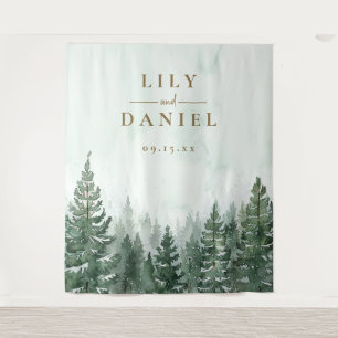 Rustic Pine Tree Forest Wedding Photo Backdrop Tapestry