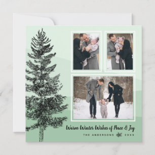 Rustic Pine Tree Mint 3-Photo Collage Greeting Holiday Card