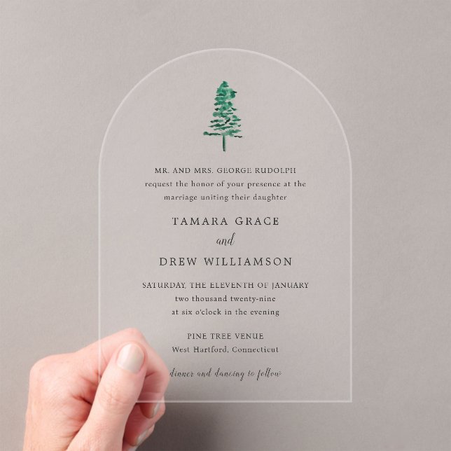 Rustic Pine Tree Modern Wedding Acrylic Invitations (Insitu (Handheld))