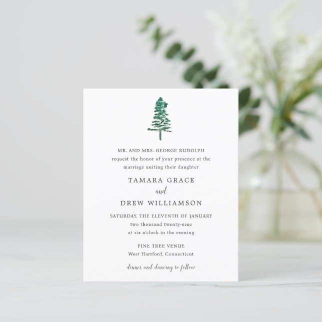 Rustic Pine Tree Modern Wedding Invitation (Standing Front)