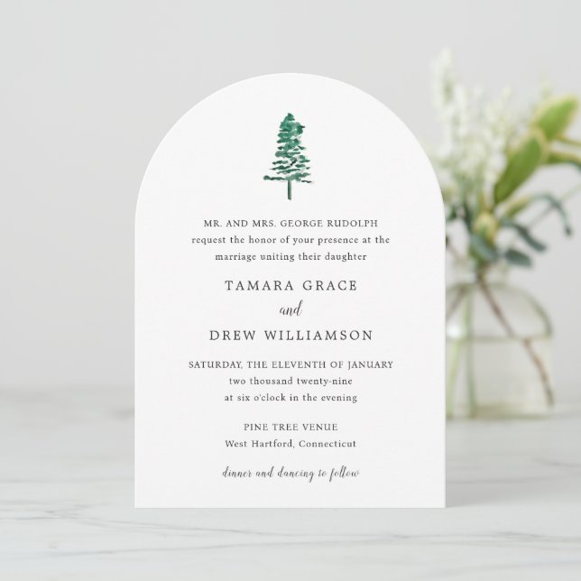Rustic Pine Tree Modern Wedding Invitation (Standing Front)