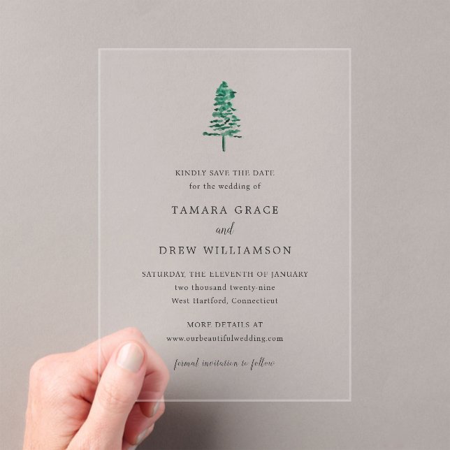 Rustic Pine Tree Modern Wedding Save the Date Acrylic Invitations (Insitu (Handheld))