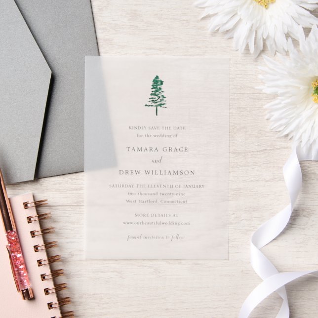 Rustic Pine Tree Modern Wedding Save the Date Vellum Invitations (Wedding)