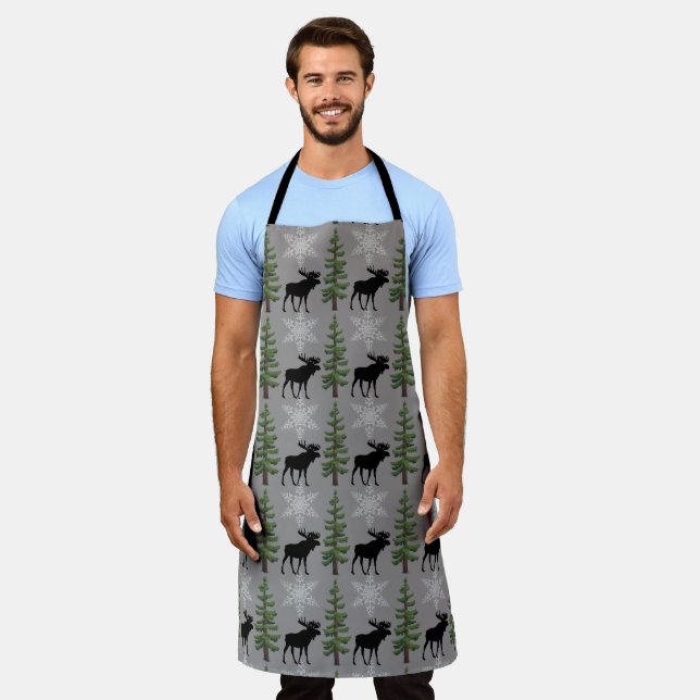 Rustic Pine Tree Moose All-Over Print Apron (Worn)