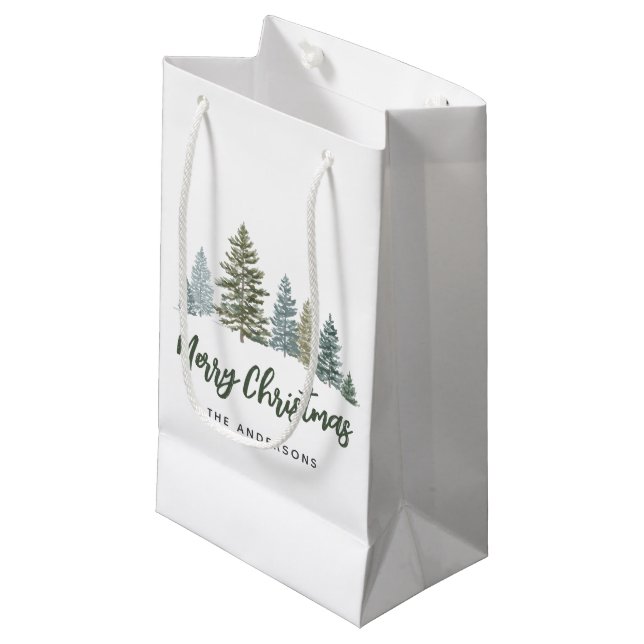 Rustic Pine Tree Personalised Christmas  Small Gift Bag (Front Angled)