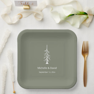 Rustic Pine Tree Sage Green Casual Wedding Paper Plate