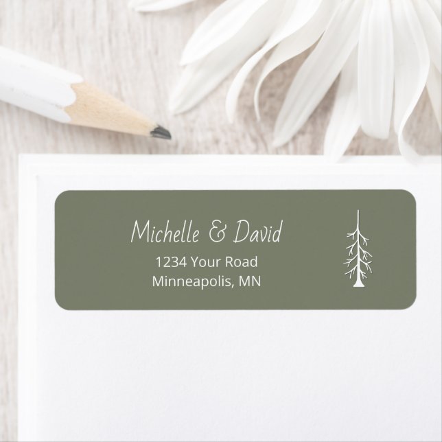 Rustic Pine Tree Sage Green Wedding Return Address (Insitu)