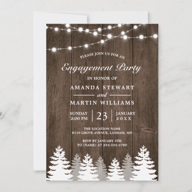 Rustic Pine Tree String Lights Engagement Party Invitation (Front)