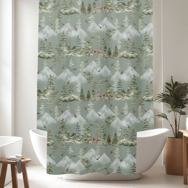 Rustic Pine Trees Deer Pattern Shower Curtain (Creator Uploaded)