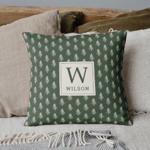 Rustic Pine Trees Family Name Monogram Christmas Cushion
