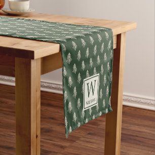 Rustic Pine Trees Family Name Monogram Christmas Short Table Runner