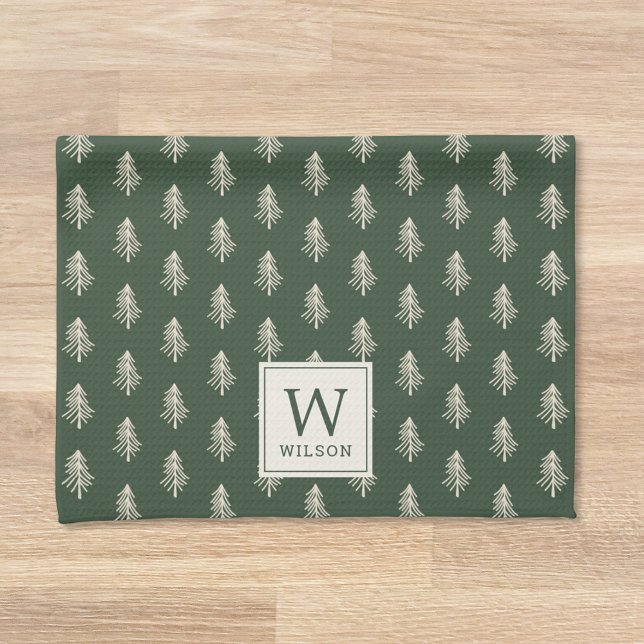 Rustic Pine Trees Family Name Monogram Christmas Tea Towel (Creator Uploaded)