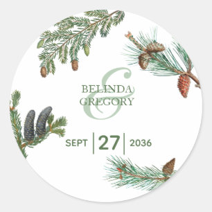Rustic Pine Trees Forest Greenery Wedding Classic Round Sticker