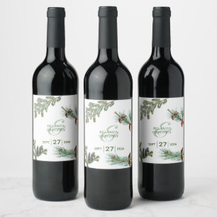 Rustic Pine Trees Forest Greenery Wedding  Wine Label